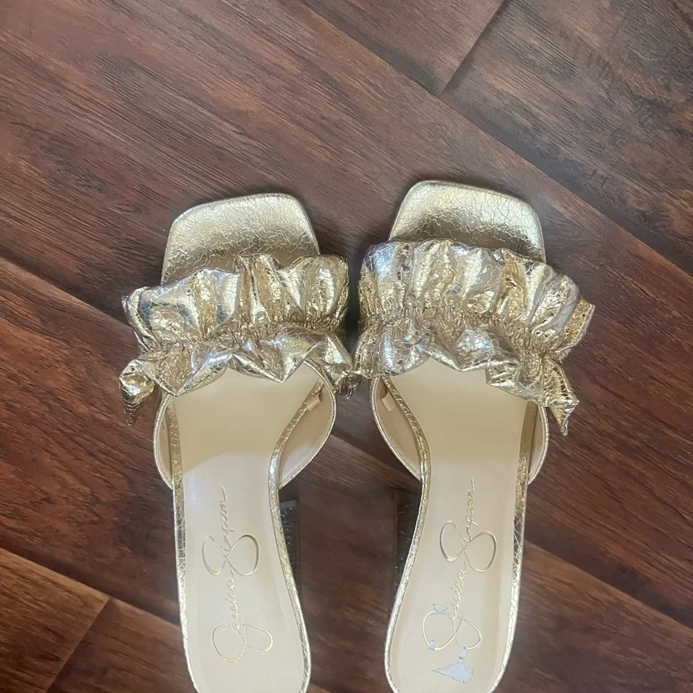 Gold Ruffle Open-Toe Heels - Picture 2 of 6